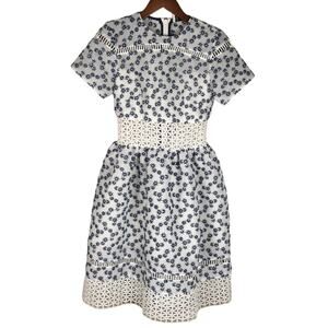 Topshop Dress Limited Edition Daisy Airtex White Blue Floral Sz 0 Mesh Fit Flare